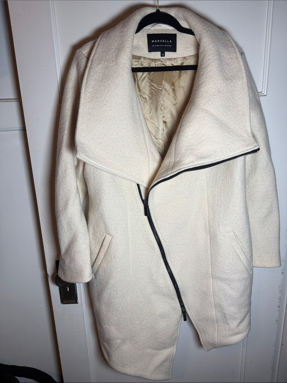 Marcella NYC Womens Cream Asymmetrical Zip Wool-Blend Coat